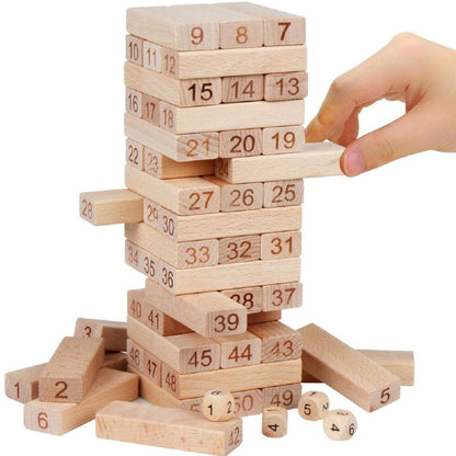 Multi Coloured 51 Pcs Blocks, Dices Wooden Numbered Building Bricks Stacking Classic Traditional Toppling Tumbling Tower Game Kid Gift - Challenging Maths for Adults and Kids