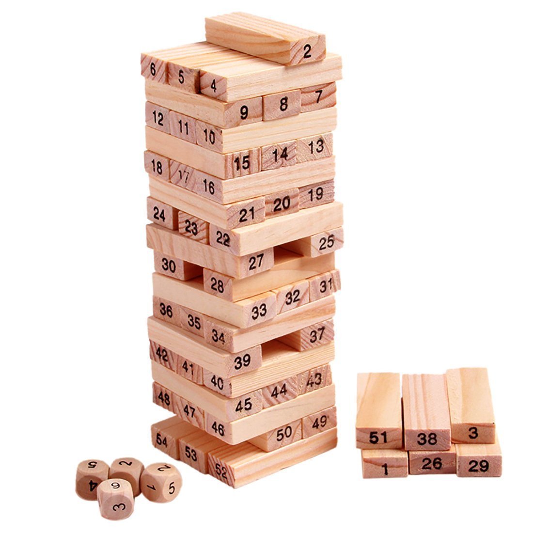 Multi Coloured 51 Pcs Blocks, Dices Wooden Numbered Building Bricks Stacking Classic Traditional Toppling Tumbling Tower Game Kid Gift - Challenging Maths for Adults and Kids