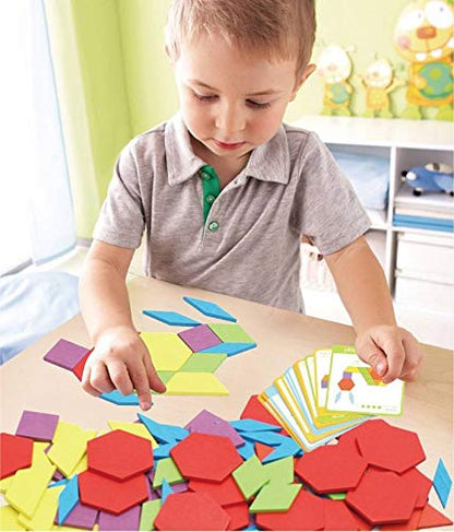 Wooden pattern blocks educational toy with 130 geometric shape pieces and 24 designs- Multi color