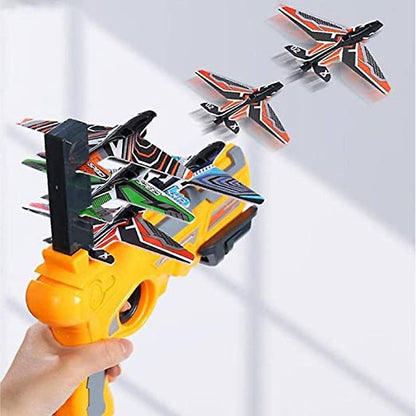 Flying Airplane Launcher Gun Toy with Foam Glider Planes, Outdoor Games for Childrens, Best Aeroplane Toys for Kids, Air Battle Gun Toys (5PLAN INCLUDED)