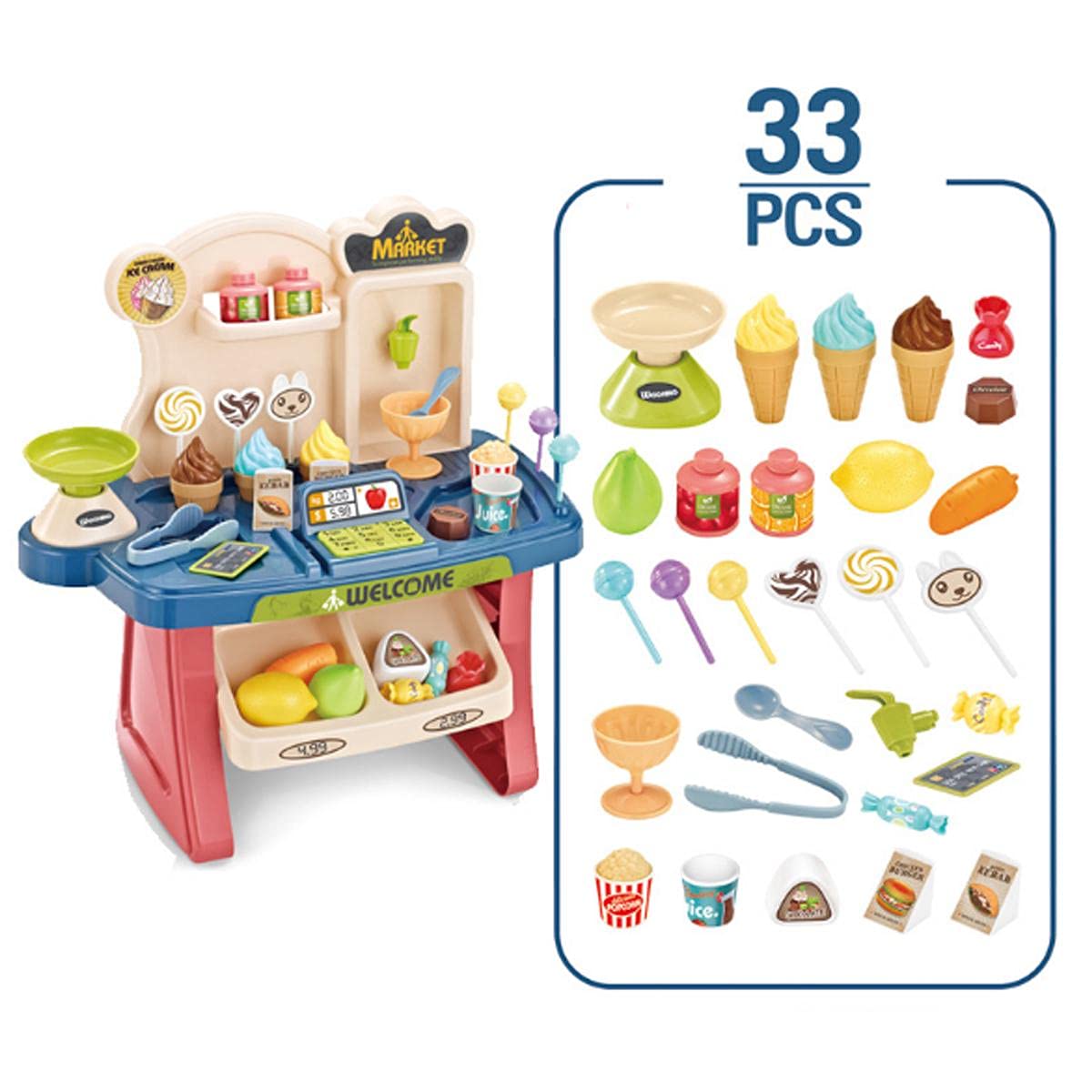 Funrally® 33 pcs Children Gift Home Buy Supermarket Cashier Funny Kids Pretend Play Learning Educational Toy with Sound Effects