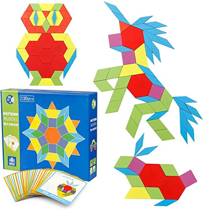 Wooden pattern blocks educational toy with 130 geometric shape pieces and 24 designs- Multi color