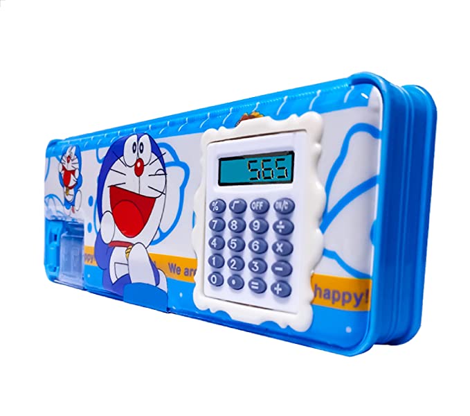 AZI TOY Doremon Magnetic Pencil Box with Calculator & Dual Sharpener for Kids for School, Doraemon Big Size Cartoon Printed Pencil Case for Kids