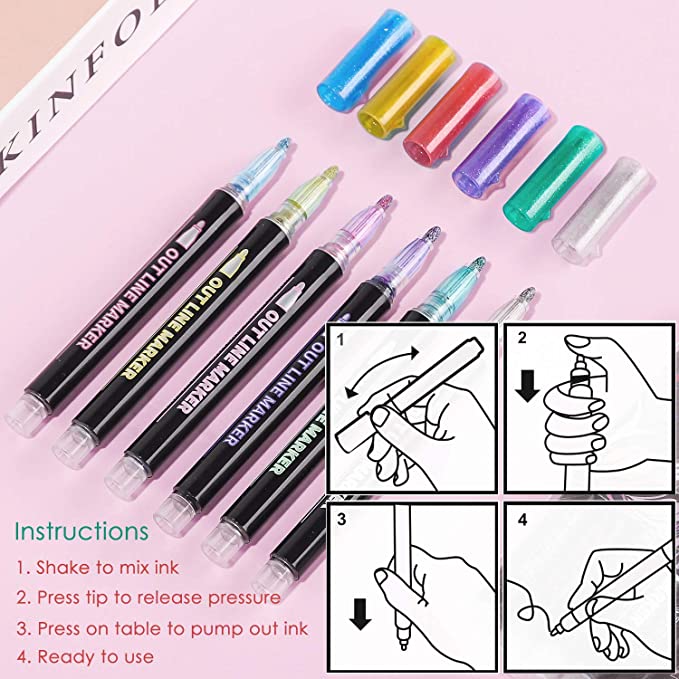 Pack of 12 Metallic Double Line Outline permanent Pen Markers for Art Coloring Painting Drawing Posters Gift DIY Art Crafts Signature Design Character Pattern & Scrapbooking.