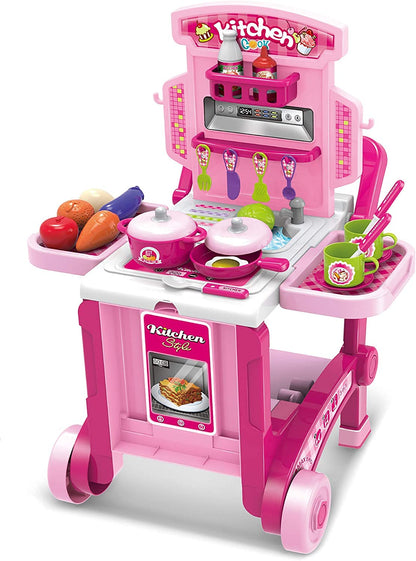 Funrally® Little Chef Kitchen Set Imports Deluxe Beauty Kitchen Appliance Cooking Play Set 3 in 1 Kitchen Play Set Pretend Play Luggage Kitchen Kit for Kids with Suitcase Trolley No:008-927