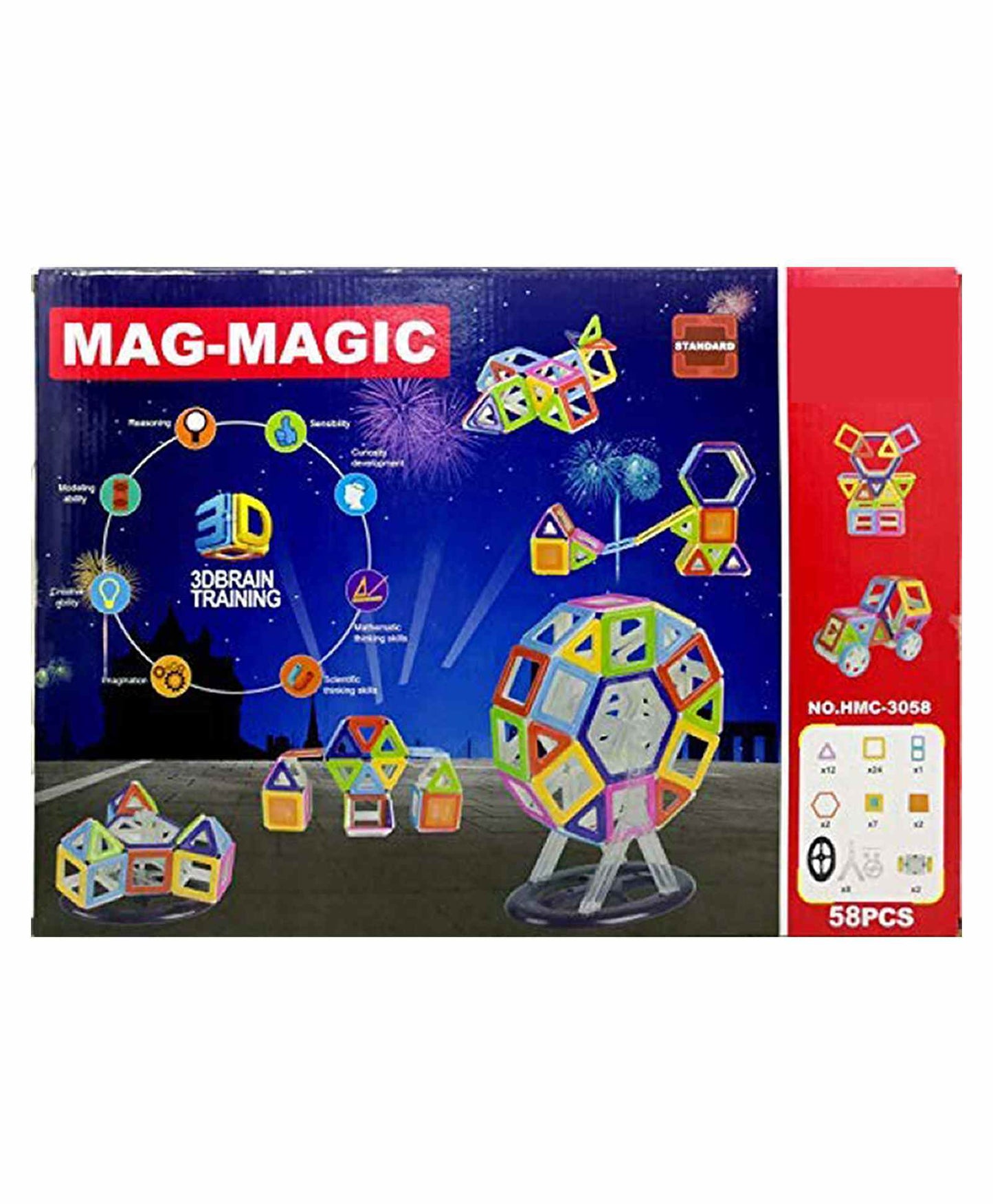 AZi 58 PCS MAG-Magic Creativity Theme Brain Development Magnetic Game Educational 3D Blocks Set Toy with Music & Light