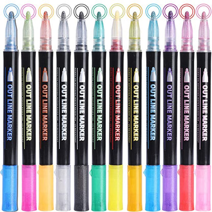 Pack of 12 Metallic Double Line Outline permanent Pen Markers for Art Coloring Painting Drawing Posters Gift DIY Art Crafts Signature Design Character Pattern & Scrapbooking.