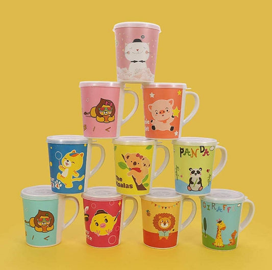 AZi® Bamboo Fiber Milk Mug for Kids Coffee Milk Tea Mug for Kids Animal Cartoon Print Mug for Kids with Handle and Lid | 350 ML | Multicolor Pack of 1