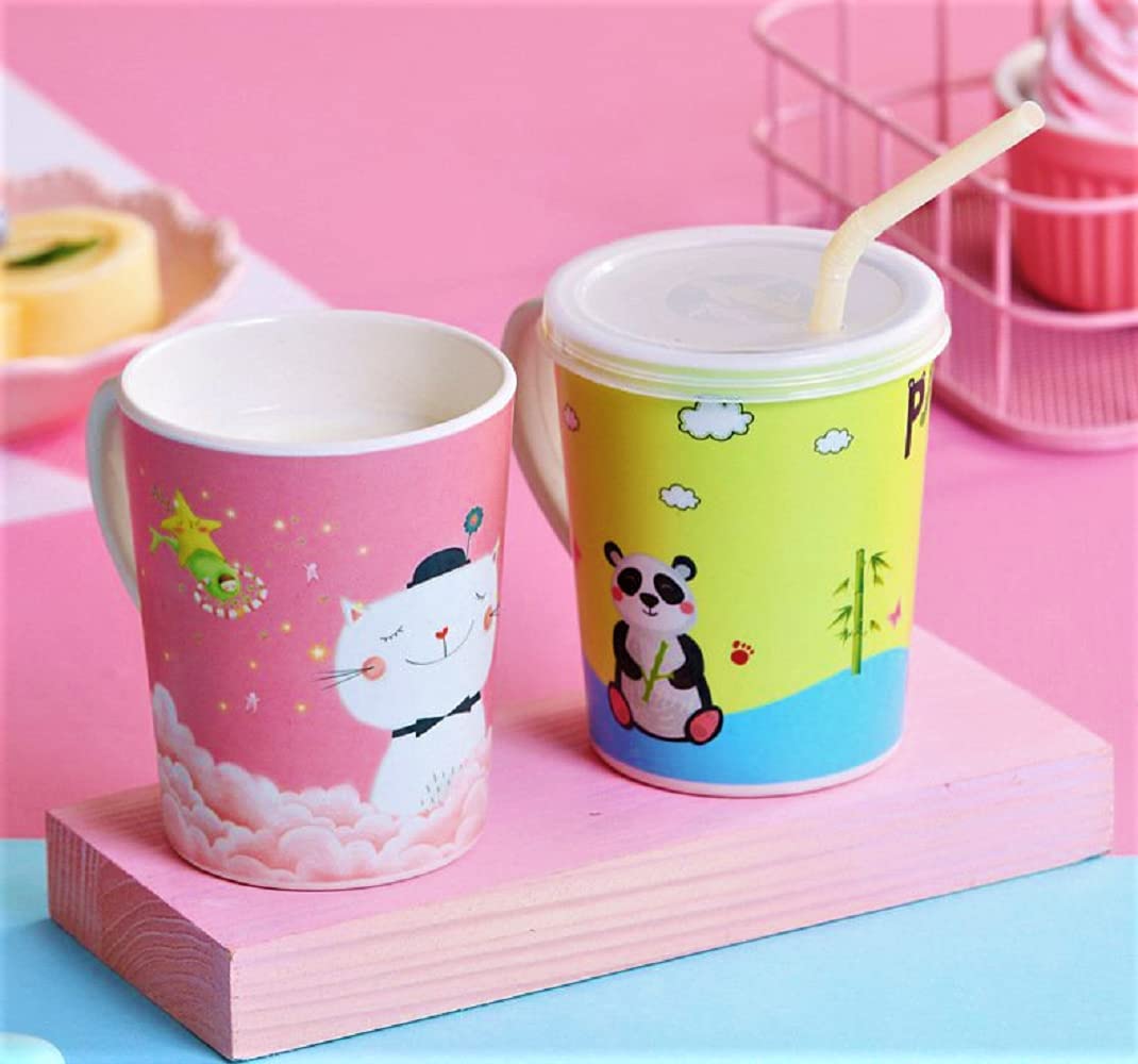 AZi® Bamboo Fiber Milk Mug for Kids Coffee Milk Tea Mug for Kids Animal Cartoon Print Mug for Kids with Handle and Lid | 350 ML | Multicolor Pack of 1