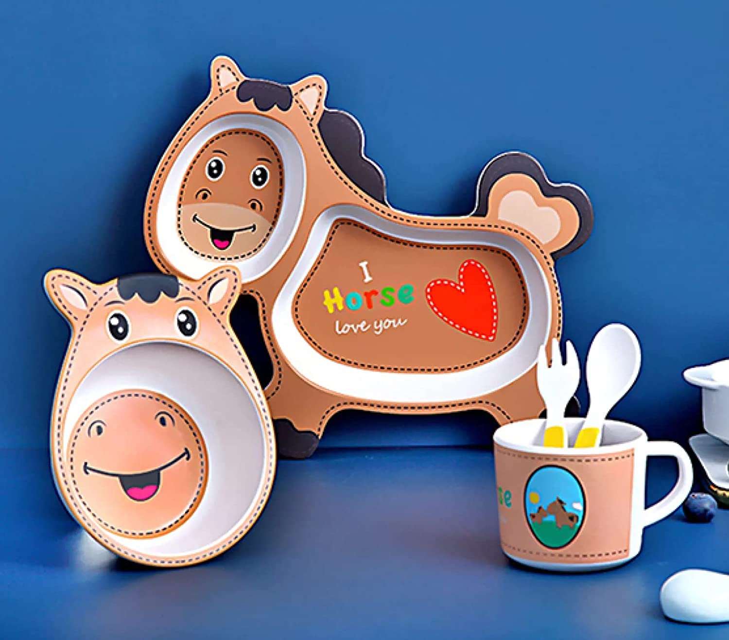 AZi® 5 Pcs Cartoon Theme Bamboo Fiber Baby Feeding Set Tableware | Horse Design | Penguin Design and Whale Design | Feeding Set for New Born and Toddlers | Any Design | Multicolor