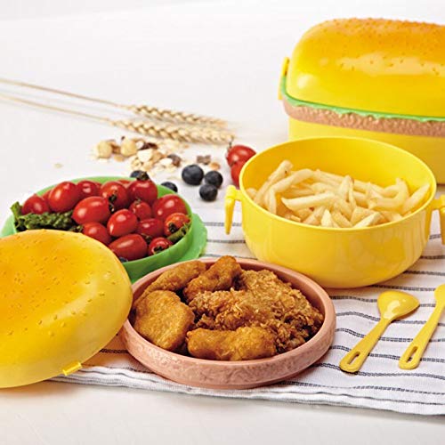 AZi® Store Food Cute Hamburger Double Tier Lunch Box Burger Box Bent Lunchbox Children School Food Container Tableware Set with Fork Kid, Rectangle Easy to Carry | 500 mL