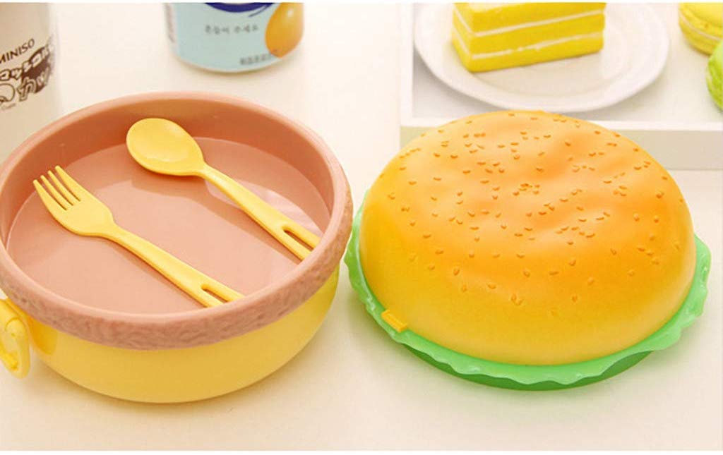 AZi® Store Food Cute Hamburger Double Tier Lunch Box Burger Box Bent Lunchbox Children School Food Container Tableware Set with Fork Kid, Rectangle Easy to Carry | 500 mL