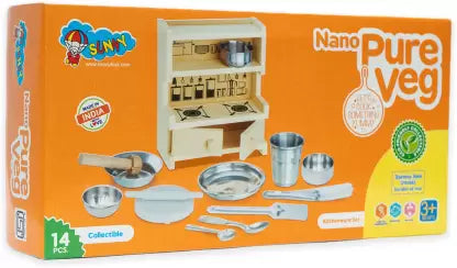 Pure veg 14 pieces steel & wood combo kitchen set for kids.A perfect kitchen set for hours of role play