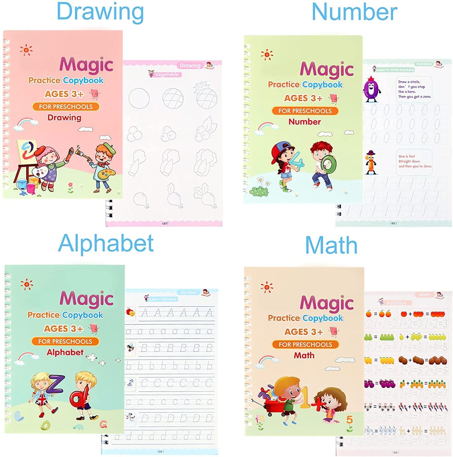 AZi® Reusable Practice Copybook for Kids - The Print Handwriting Workbook-Writing Practice Book for Children (Four Books with Pen）