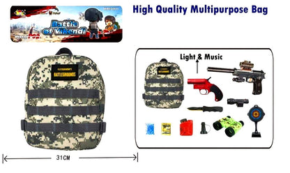 PUBG Level 3 Bag with Toys Pretend Play Army Toy Play Set / Police Play Set Toy with Bag, Toy Gun, Target Board, Toy Binocular, Bullet Bottle, Crystal Bullet for Kids