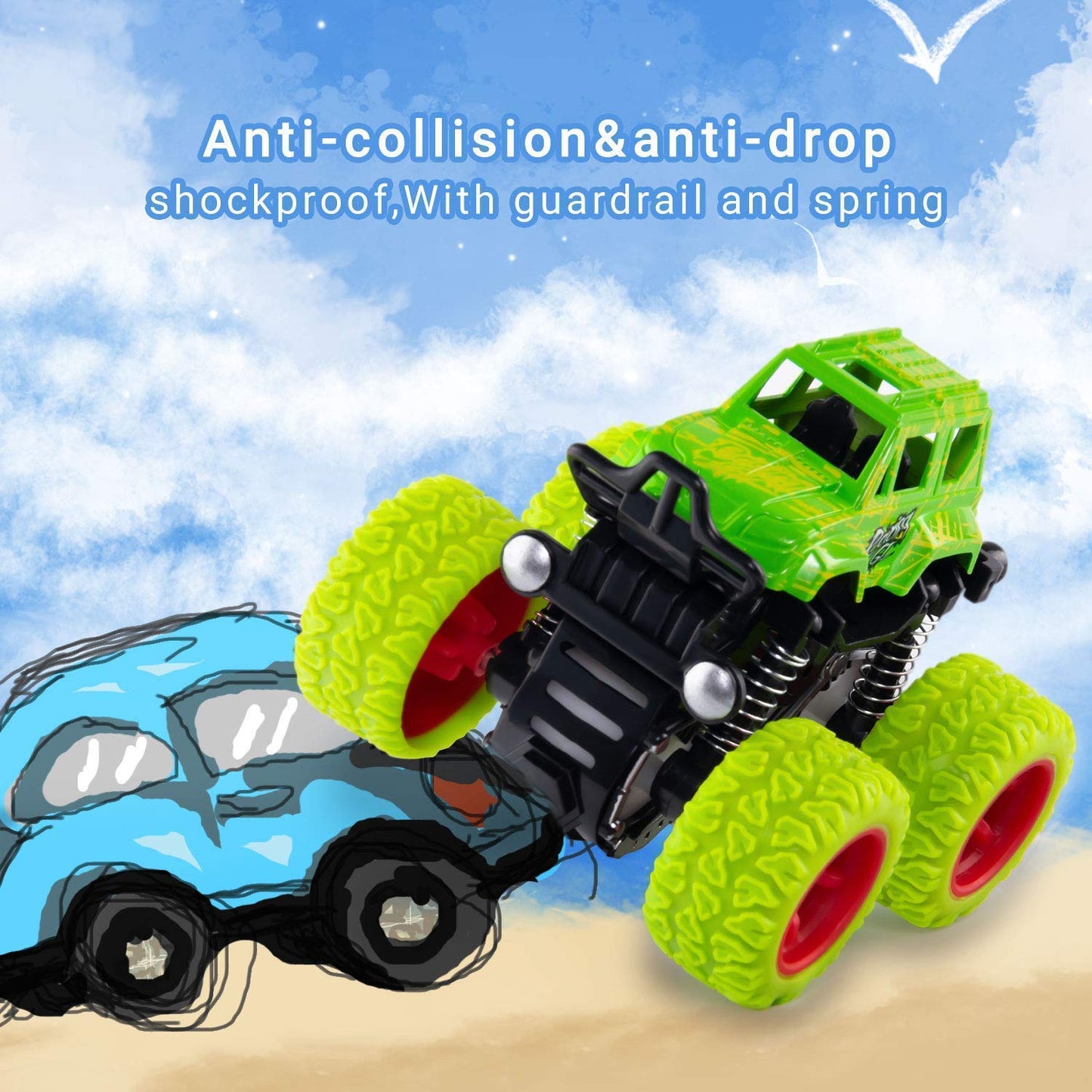 AZi® Plastic 4WD Mini Monster Trucks Friction Powered Cars for Kids Big Rubber Tires Baby Boys Super Cars Blaze Truck Children Gift Toys, Pack of 4, Multicolor