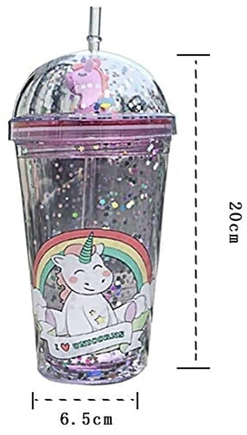 AZi® Plastic Bottle Sipper with Glitter & Glossy Character Print | Sipper Tumbler Water Bottle with Straw for Girl's & Boy's | Pack 1 | Multicolor