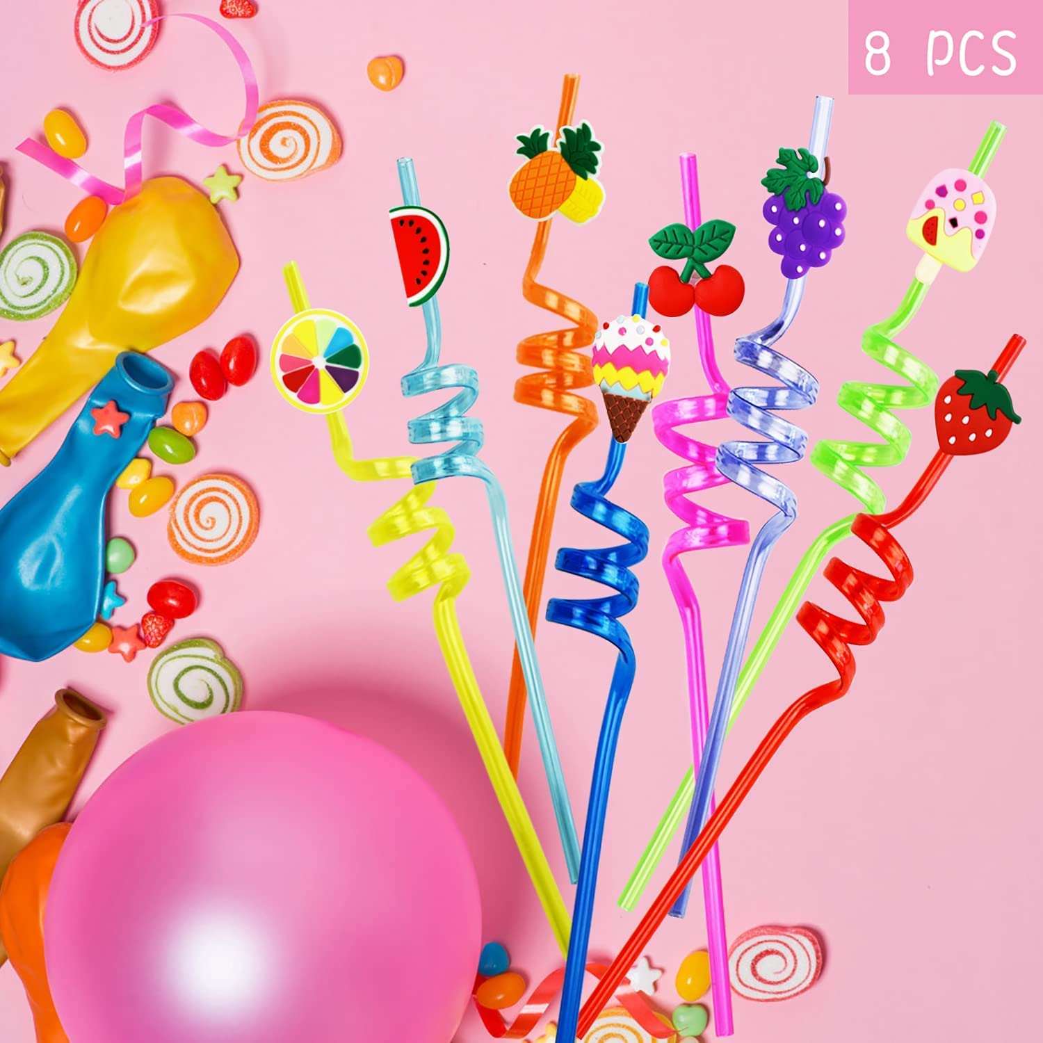 AZi Toys 4 Pieces Reusable Drinking Straws Plastic Novelty Straws Colorful Curly Straws for Kids Birthday Party Favors Family Party Decorations Supplies | Multi Color | Multi Attachments