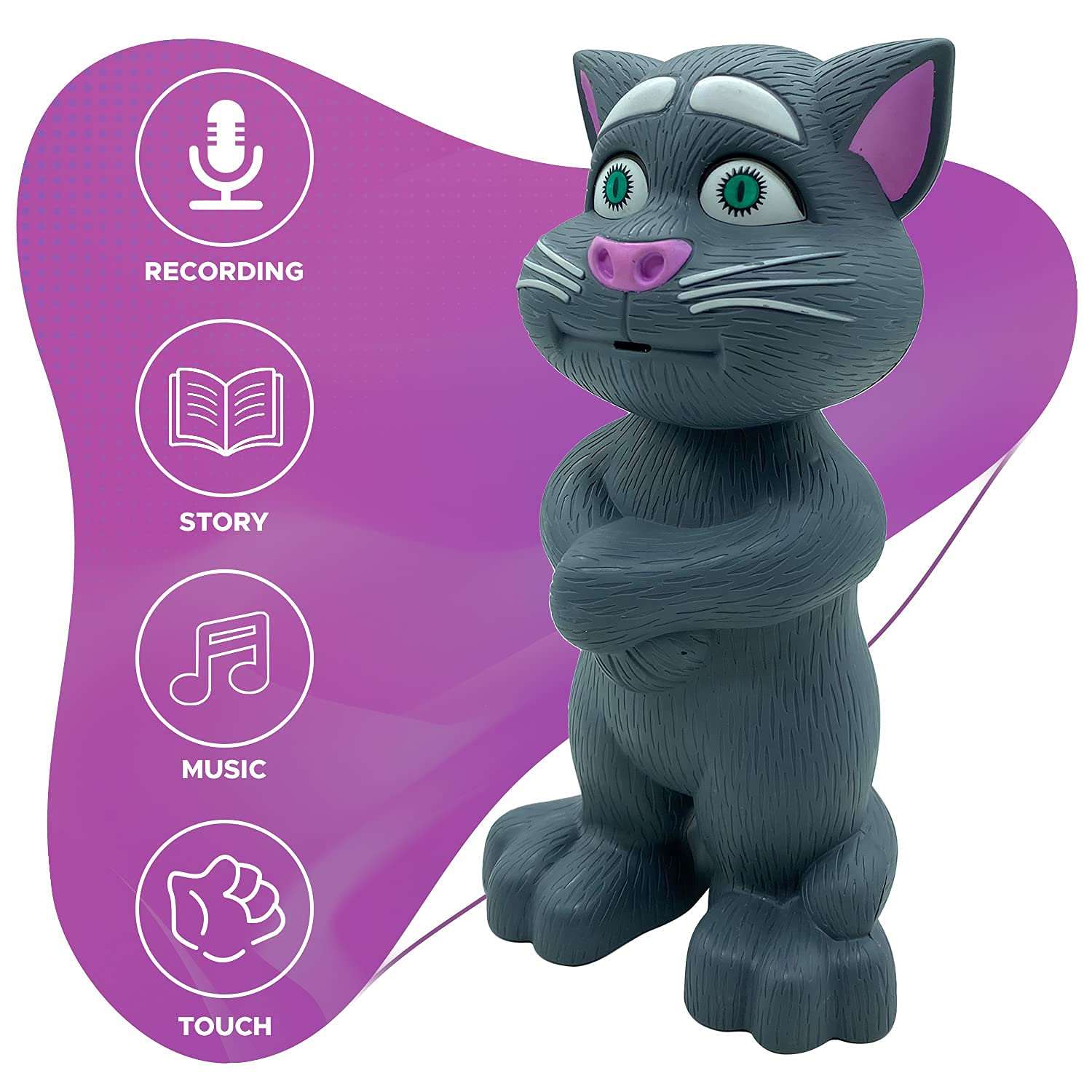 AZi® AI Touching Talking Tom Toy. Intelligent Tom CAT with Touching, Talking & Voice Feature. Talking Cat Come with Stories and Touch Functions, Musical Cat Toy, Grey Color
